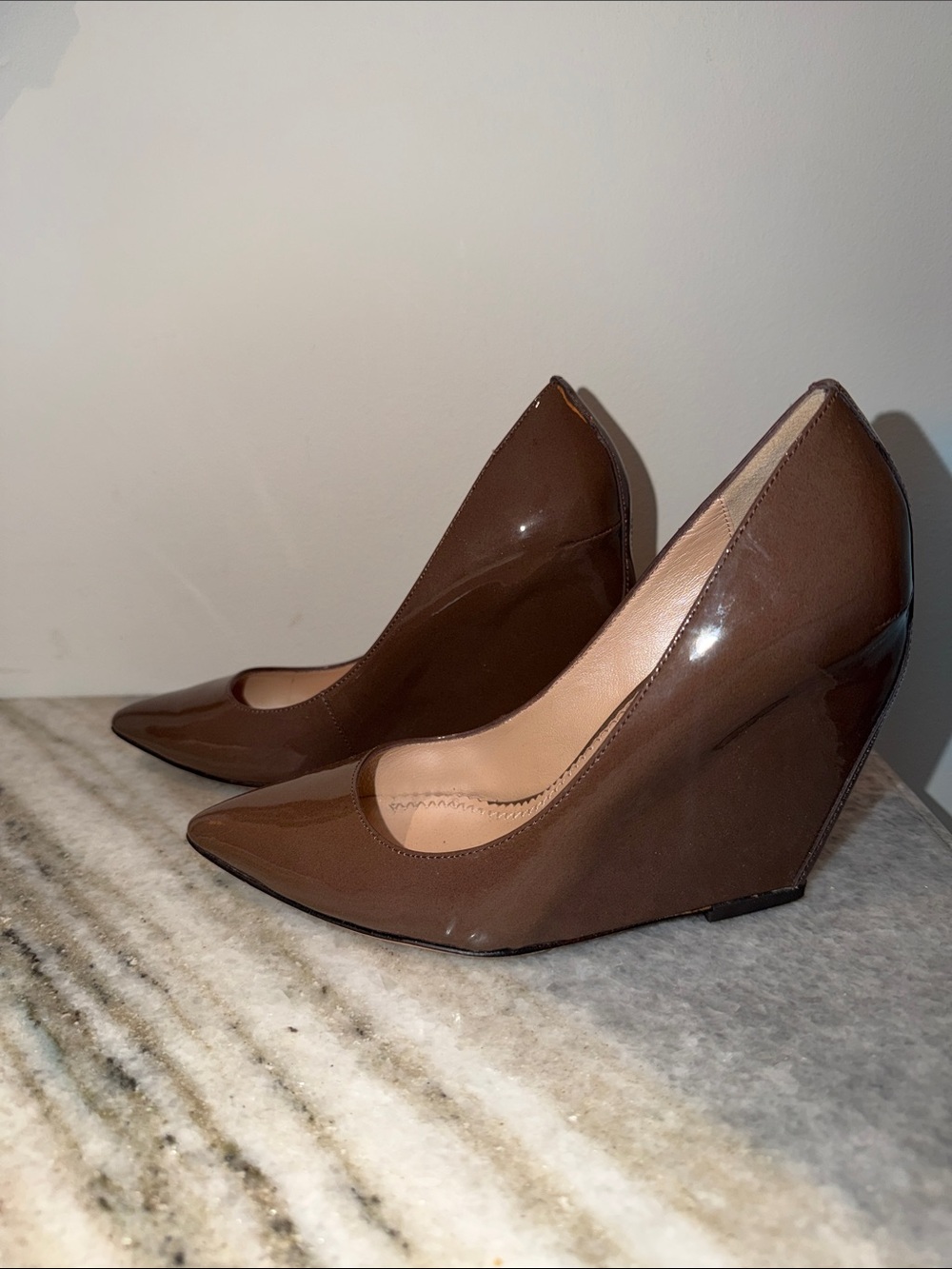 Patent Leather Brown Wedge Pumps